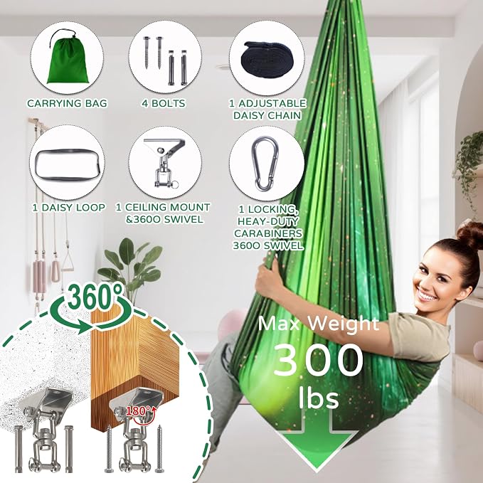 Sensory Swing for Kids and Adults Indoor & Outdoor Double Layer Therapy Cuddle Holds up to 300lbs Adjustable Hammock Chair with 360° Swivel Hanger Kit Effect for Aspergers Autism ADHD(Green)