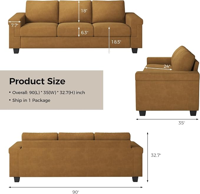 COPIAE 3 Seater Sofa Couch with Deep Seat, 90" Modern Upholstered Sofa with Armrests, Easy Installation, Comfy Couches for Living Room, Apartment,Ginger Yellow