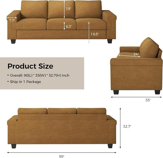 COPIAE 3 Seater Sofa Couch with Deep Seat, 90" Modern Upholstered Sofa with Armrests, Easy Installation, Comfy Couches for Living Room, Apartment,Ginger Yellow