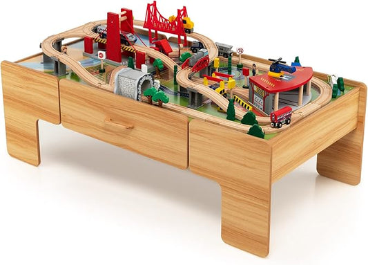 Costzon 2-in-1 Wooden Train Table with Storage Drawer | Kids Activity Table w/ 100 Pieces Railway, Track, Cars, City, DIY Design, Reversible Tabletop, Gift for Boys Girls