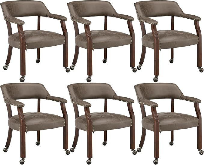 LEEMTORIG Set of 6 Dining Chairs with Casters and Arms, Rolling Dining Chairs with Wheels for Elderly, Ergonomic Wide Seat Wooden Office Chair, 26" Dx25.2 W, Cherry Legs&Dark Brown Fabric SY-1533-DK
