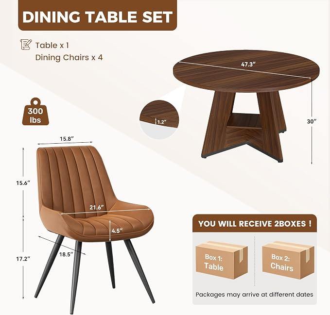 Miereirl 47.3 Inch Round Dining Table Set for 4, Round Kitchen Table with Chairs, Space Saving Dining Room Table Set with Storage Shelf for Apartment Kitchen Dining Room, Walnut Table+4 Brown Chairs