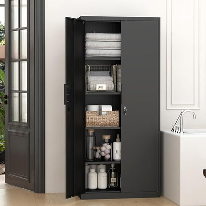 GREATMEET Metal Garage Storage Cabinets with Lock Door and Adjustable Shelves, 71'' x 32'' x 17'' Black Steel Tool Cabinets for Home Office Warehouse