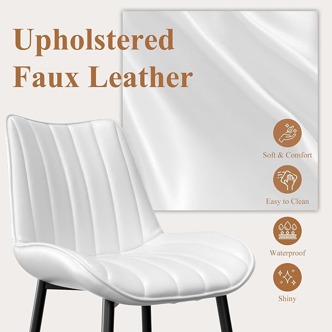 VECELO Dining Chairs Set of 2, Vegan Leather Fabric & Metal Frame, Mordern Style for Kitchen, Living Room,Offcie, White