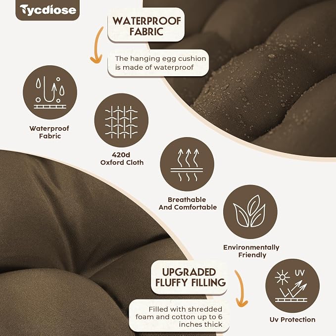 Outdoor Hanging Egg Chair Cushion Replacement, Thicken Egg Chair Cushion Waterproof Basket Eggs Chairs Cushion with Headrest Pillow, U-Shaped Cushions for Hanging Eggs Chairs Swing (Brown)