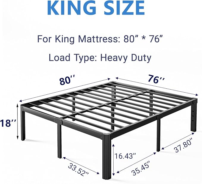 18 Inch High Metal King Bed Frame No Box Spring Needed, Heavy Duty King Size Bed Frame Platform, Noise Free, Easy Assembly, Black