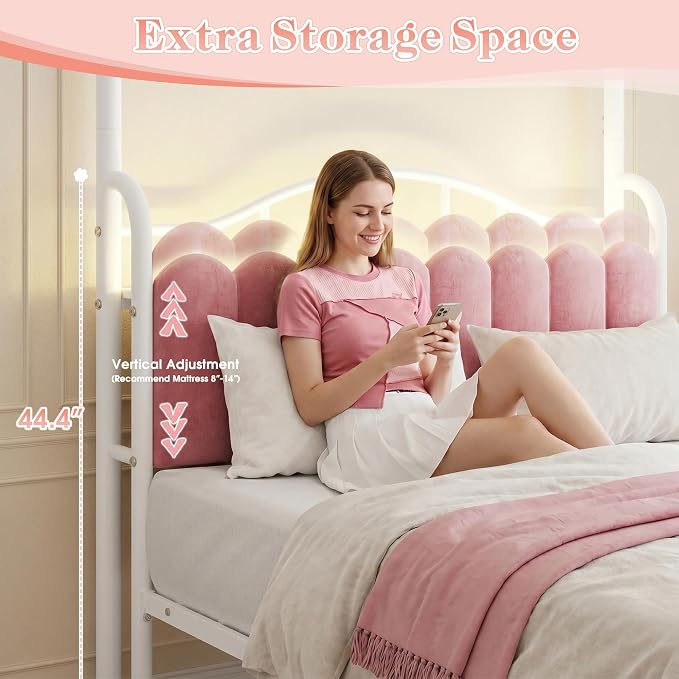 Homkdom Canopy Bed Frame Queen Size with Upholstered Storage Headboard and Charging Station & LED Lights, 2 Oversized Drawers,Heavy-Duty Support, No Box Spring,Quiet Sleep,Easy Assembly, Pink