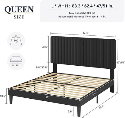 Allewie Queen Bed Frame, Velvet Upholstered Platform Bed with Vertical Channel Tufted Headboard, Mattress Foundation with Strong Wooden Slats, Box Spring Optional, Easy Assembly, Black