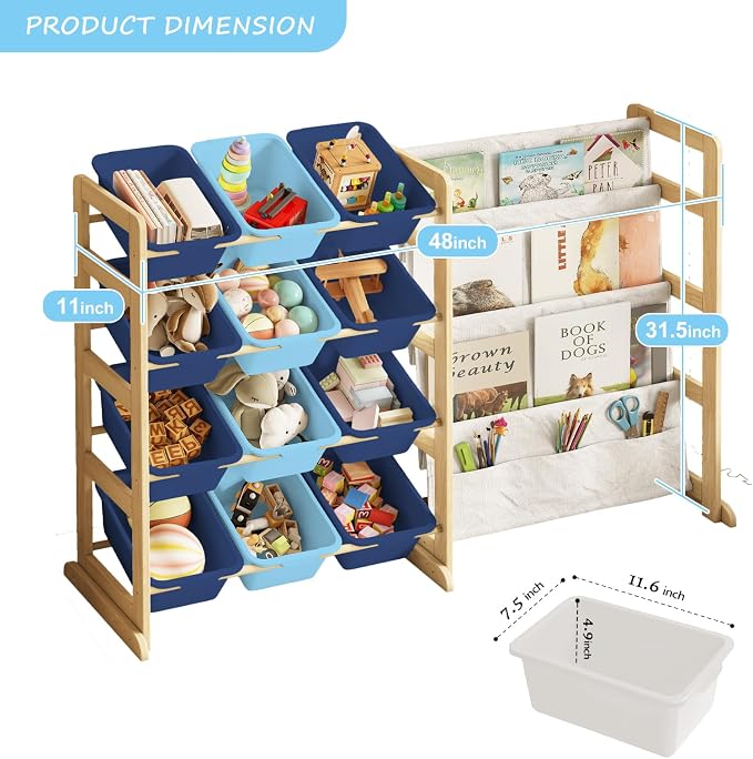 EXPERLAM Toy Storage Organizer with Bookshelf - 12 Storage Bins 4-Tier Multipurpose Shelf to Organize Toys and Books for Kids Room, Playroom, Nursery Room, Blue