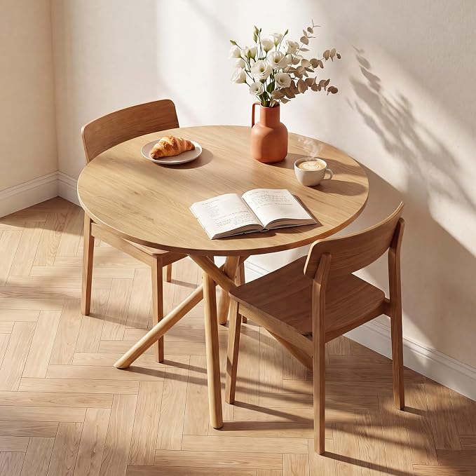 VINGLI 37.5" Round Dining Table for 4, Wood Kitchen Table, Oak | Cross Metal Leg, Adjustable Feet, Wood Tabletop, Mid-Century Modern Style, for Living Room, Dining Room, Kitchen, Small Place