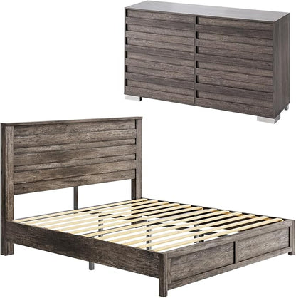 LUXOAK 2 Pcs Bedroom Furniture Sets - Includes 1 X Farmhouse 6 Drawers Dresser, 1X Farmhouse Queen Size Bed Frame with 49" Tall Headboard, Wooden Platform Bed with Hidden Metal Bed Frame, Rustic Grey