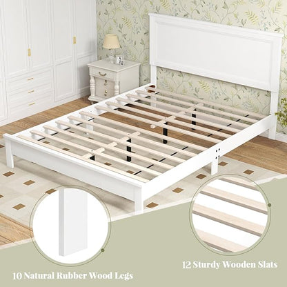 Giantex Wood Queen Platform Bed Frame with Headboard, Mid Century Bed Frame with Solid Wood Legs & Wooden Slat Support, No Box Spring Needed, White Bed