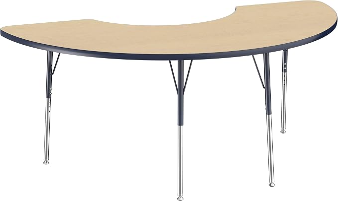 FDP Half Moon Activity School and Office Table (36 x 72 inch), Standard Legs with Swivel Glides for Collaborative Seating Environments, Adjustable Height 19-30 inches - Maple Top and Navy Edge