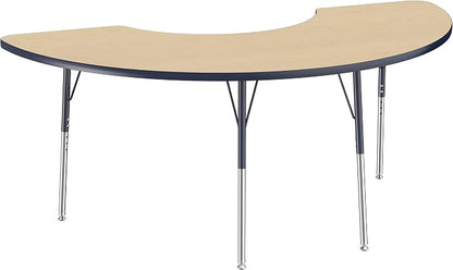 FDP Half Moon Activity School and Office Table (36 x 72 inch), Standard Legs with Swivel Glides for Collaborative Seating Environments, Adjustable Height 19-30 inches - Maple Top and Navy Edge