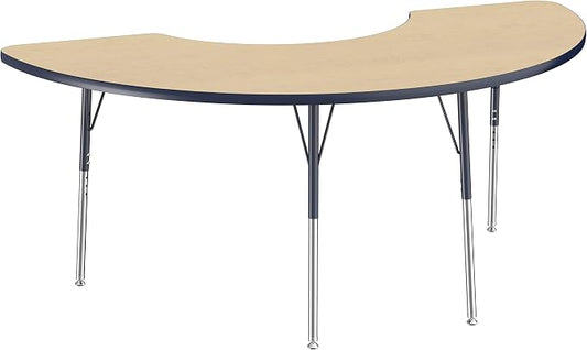 FDP Half Moon Activity School and Office Table (36 x 72 inch), Standard Legs with Swivel Glides for Collaborative Seating Environments, Adjustable Height 19-30 inches - Maple Top and Navy Edge