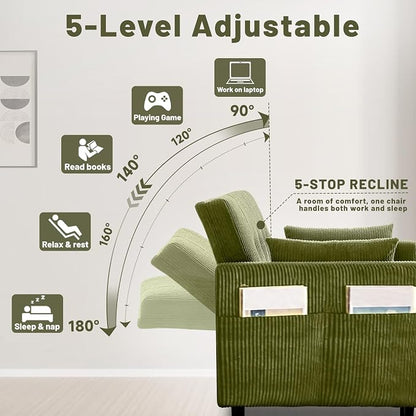 73" Queen Size Sofa Bed, Loveseat Sleeper Sofa with Pull Out Bed, 360° Swivel Table and USB, Modern 2 Seater Convertible Corduroy Couch for Living Room Bedroom Apartment, Green
