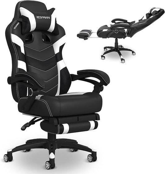Respawn 110 Pro Ergonomic Gaming Chair with Footrest for Adults - Comfortable Office Gaming Recliner with Lumbar Support and Headrest, Racing Style Video Game Chairs for Computer Gamer - White