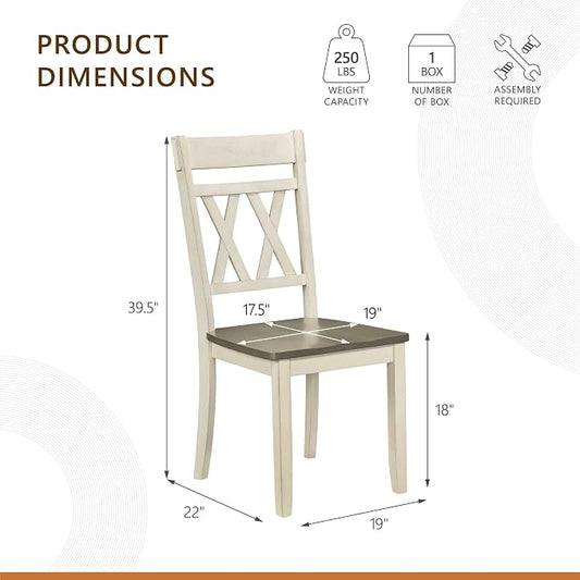 Lexicon Farmhouse Wood Dining Chair, Set of 2, Double Cross Back, Rustic Armless Chairs, Kitchen and Dining Room Furniture, Two-Tone Finish (Greywash and Antique White)