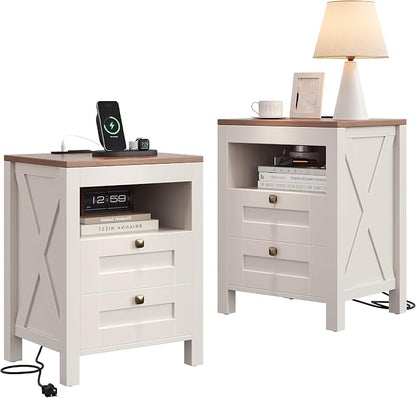 Luoxiao Nightstand Set of 2 with Charging Station, End Table, 18" Farmhouse Side Table with 2 Storage Drawers, Rustic Wooden Sofa Table, Bedside Cabinet for Living Room, Bedroom, White