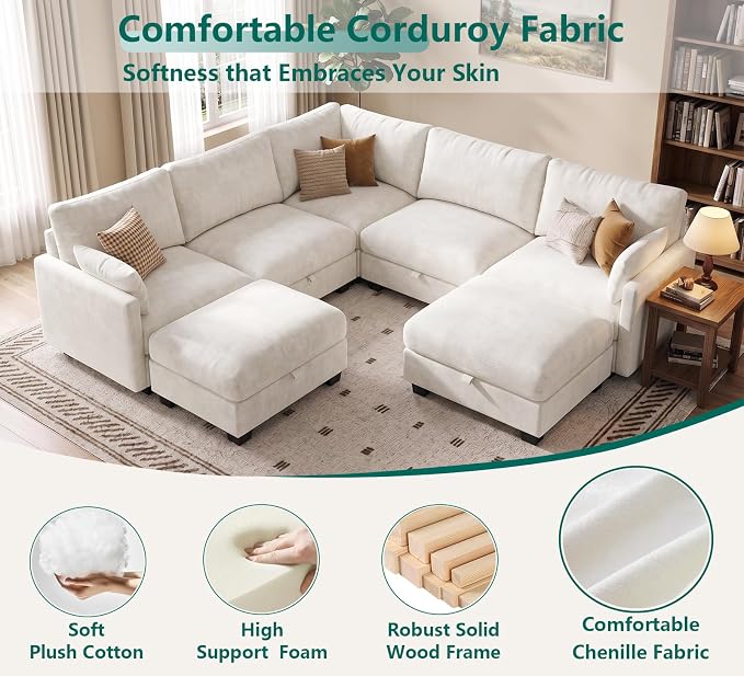 Modular Sectional V Shaped Sofa Couches for Living Room, Cloud Couch with Storage Ottoman, Comfy Chenille Sofa with Pillow, Beige