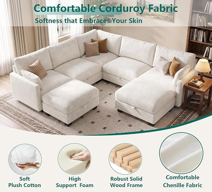 Modular Sectional V Shaped Sofa Couches for Living Room, Cloud Couch with Storage Ottoman, Comfy Chenille Sofa with Pillow, Beige