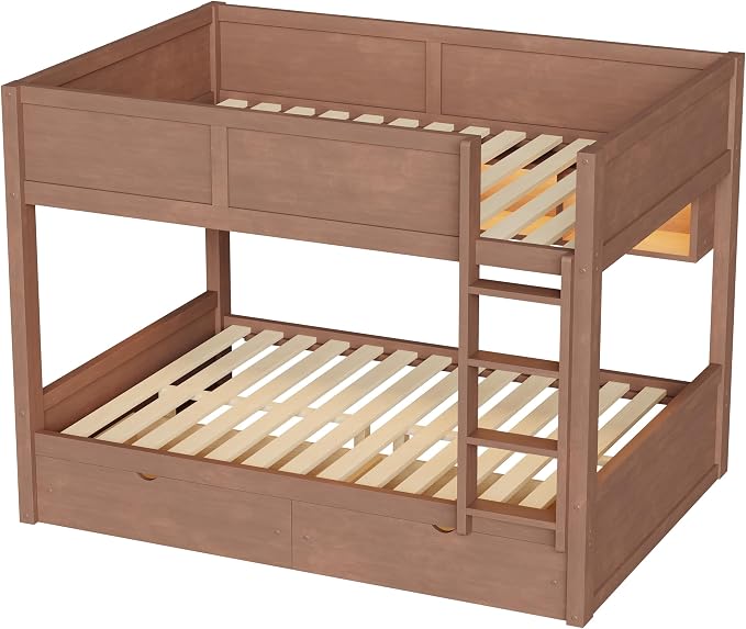 Merax Full XL Over Full XL Wood Bunk Bed Frame with Ladder,Storage Shelves & Drawers for Teens, Modern Low Bunk Bed with Solid Slats, Guardrail, No Box Spring Required, Easy Assembly, Brown