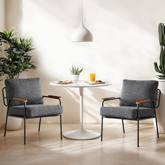 VINGLI Mid-Century Modern Accent Armchiars Set of 2 for Small Space, Small Comfy Upholstered Leisure Reading Chairs with Wood Armrests for Bedroom, Living Room, Waiting Room, Linen Grey