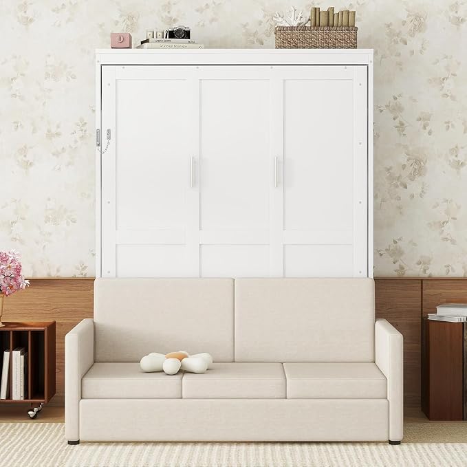 MERITLINE Queen Murphy Bed with Sofa,Wood Vertical Folding Murphy Wall Bed Cabinet with Couch,for Adults Guest Rooms,Offices,Apartments (White)