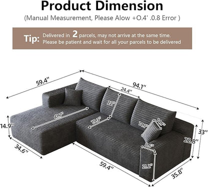 95" Cloud Sectional Couch with L-Shape Chaise, Modular Comfy Sofa Chaise Longue, Upholstered Corduroy Couches Sleeper with Deep Seat for Living Room Bedroom, No Assembly Required(Grey, Left Facing)