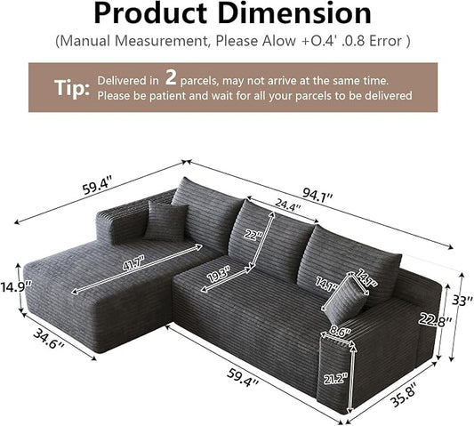 95" Cloud Sectional Couch with L-Shape Chaise, Modular Comfy Sofa Chaise Longue, Upholstered Corduroy Couches Sleeper with Deep Seat for Living Room Bedroom, No Assembly Required(Grey, Left Facing)