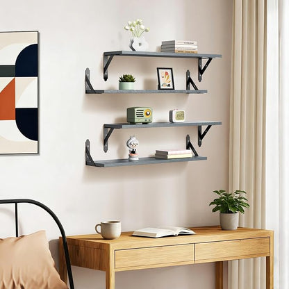ROMGUAR CRAFT Wood Floating Shelves Set of 4, Rustic Storage Decor Wall Shelves, Wall Mounted Shelf for Living Room, Bedroom 23.6" x 6", Grey