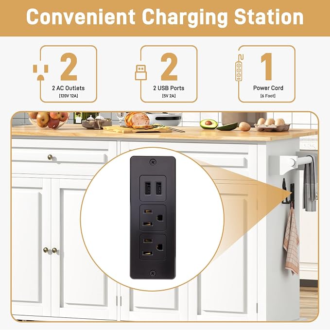 Hlivelood 59.1" Movable Kitchen Island with Drop Leaf and Power Outlet, Rolling Island Cart w/Storage Cabinet, Island Table on Wheels for Kitchen w/2 Drawers, Spice Rack, Towel Bar, Garage Hook, White