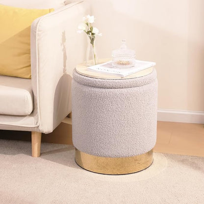 Round Ottoman with Storage Set of 2 Vanity Stool, Footstool with Removable Lid Small Ottoman Stool Small for Living Room, Bedroom, Hallway, Dorm, Assembly Free Teddy Fleece (Sherpa Gray)