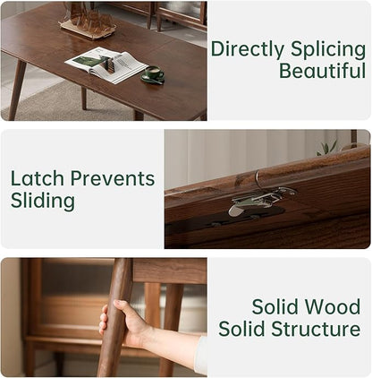 47’’-63’’ 100% Oak Extendable Dining Table and Bench Set, Solid Wood Folding Kitchen Table, Mid Century Modern Dinner Table for Kitchen, Apartment, Living Room (47''-63''+ 1 Bench)