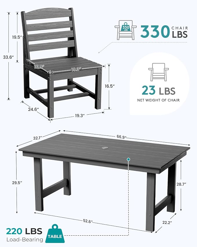 SERWALL Outdoor Dining Sets for 6, HDPE Dining Set with 6 Armless Chairs, Gray