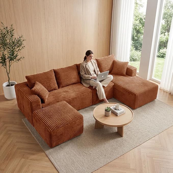 118" Modular Sectional Sofa with Chaise and Ottoman, Oversized U-Shaped Corduroy Cloud Couch, Deep Seat Boneless Couch for Living Room, No-Assembly - Brown (Right Facing Chaise)
