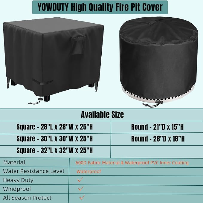Propane Fire Pit Cover Square 28 Inch, Waterproof Heavy Duty 600D Gas Fire Pit Table Cover 28x28x25 Inch, Fit 26-28 Inch Firepit Table, All-weather Protection For Patio Fire Table