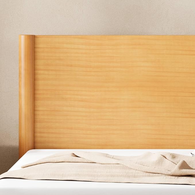 AMERLIFE Solid Wood King Size Bed Frame, Mid Century Modern Platform Bed with Full Panel Headboard, Noise-Free & Cylindrical Legs, No Box Spring Needed, Under-Bed Storage, Natural Wood