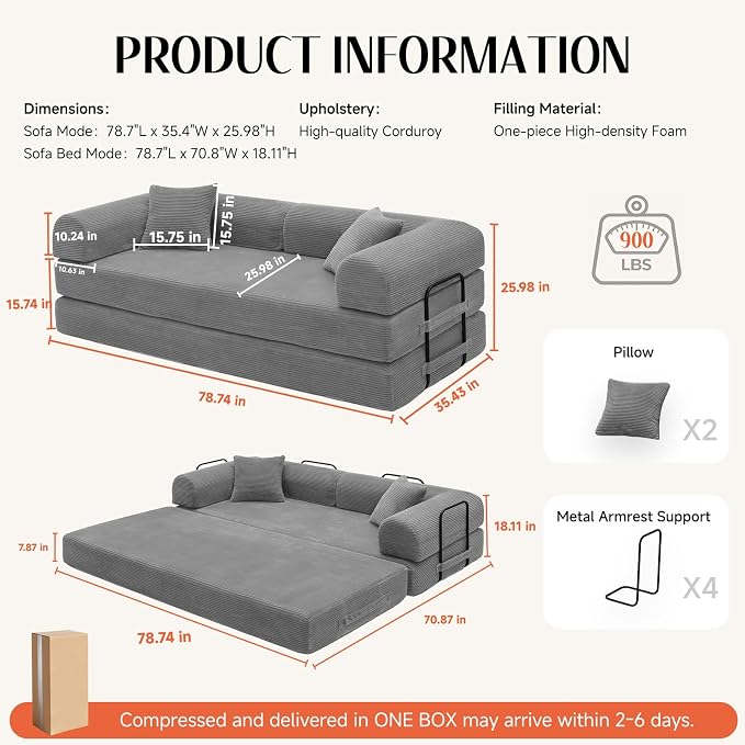 78.8" Memory Foam Boneless Couch, Corduroy Floor Sofa Bed, Convertible Sleeper Futon Loveseat, Wide Armrests & Back Support, Supports Up to 1200 lbs, Couch in a Box with 2 Pillows, Light Grey