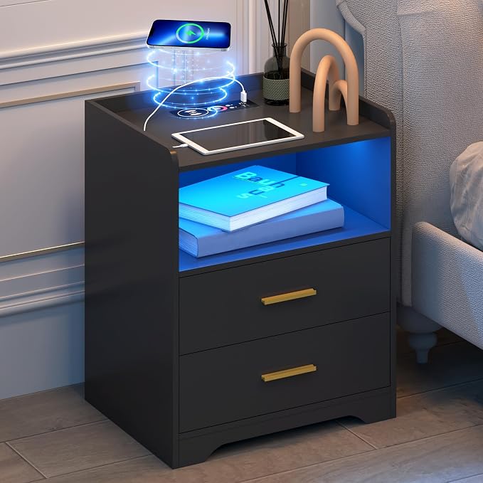 dnbss Black LED Nightstand with Charging Station, Modern Night Stands with 24-Color RGB LED Lights, Smart Lighted Black Bedside Table with 2 Drawers for Bedroom