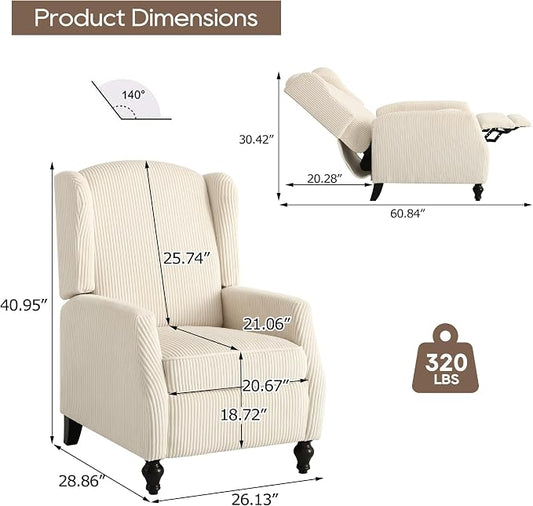 Wingback Recliner Chair, Tufted Corduroy Push Back Arm Chair for Living Room Vintage Recliner Chair with, Padded Cushion, Backrest, Wooden Legs (White)
