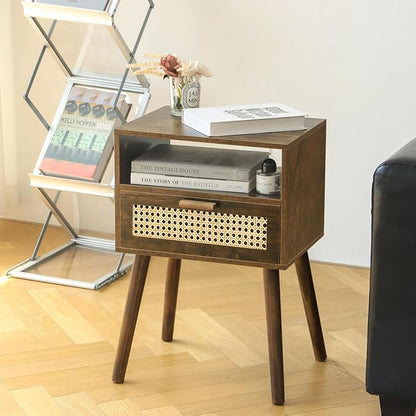 MaxSmeo Mid Century Nightstand, Rattan Side Table with Drawer, Wood Modern Bedside Table for Bedroom, Living Room and Small Spaces (Rustic Brown)