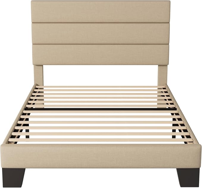 Allewie Twin Size Platform Bed Frame with Fabric Upholstered Headboard and Wooden Slats Support, Fully Upholstered Mattress Foundation/No Box Spring Needed/Easy Assembly, Beige