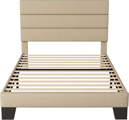 Allewie Twin Size Platform Bed Frame with Fabric Upholstered Headboard and Wooden Slats Support, Fully Upholstered Mattress Foundation/No Box Spring Needed/Easy Assembly, Beige