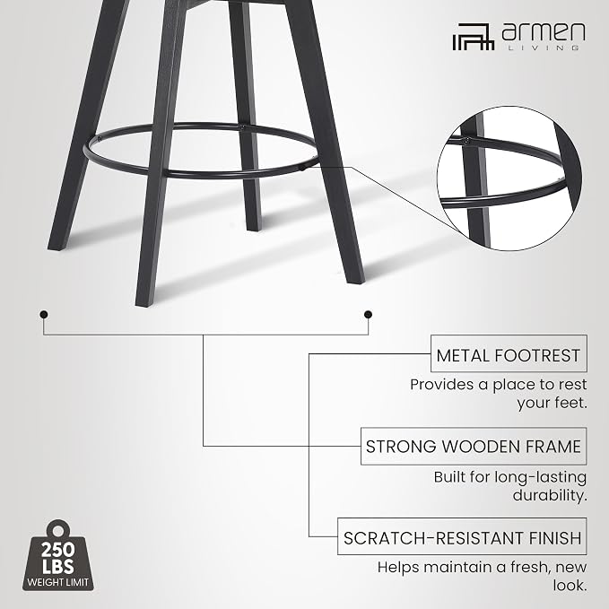 Armen Living Baylor Mid Century Modern Swivel Bar Stool for Kitchen Island Counter in Gray Faux Leather and Black Wood, 26" Seat Height