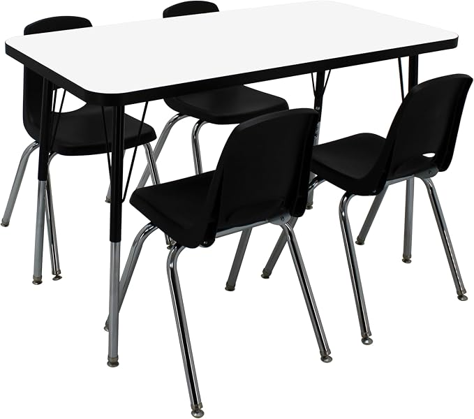 FDP Dry-Erase Rectangle Activity School and Office Table (24 x 48 inch), Standard Legs with Swivel Glides, Adjustable Height 19-30 inches; Quick Ship Single Box - Whiteboard Top and Black Edge