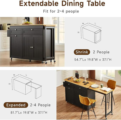 ONBRILL Kitchen Islands with Extendable Dining Table, 81.7" Mobile Kitchen Storage Islands, Rolling Kitchen Cart with Trash Cabinet, Power Outlet, Spice Rack & Towel Rack, Black