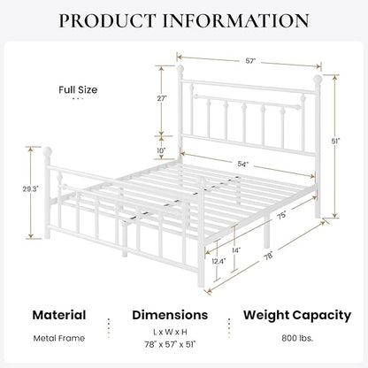 SHA CERLIN 14" Full Size Metal Platform Bed Frame/Victorian Headboard and Footboard/Steel Slats Mattress Foundation for Storage/No Box Spring Needed/Noise Free/White