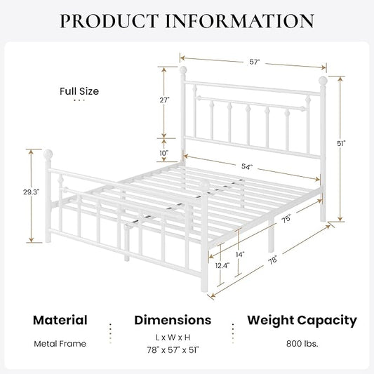 SHA CERLIN 14" Full Size Metal Platform Bed Frame/Victorian Headboard and Footboard/Steel Slats Mattress Foundation for Storage/No Box Spring Needed/Noise Free/White