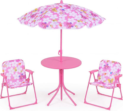 Costzon Kids Picnic Table, Kids Outdoor Table with 2 Folding Chairs, Height Adjustable Umbrella, Portable Children Outdoor Furniture for Patio, Garden, Backyard (Pink Flowers)